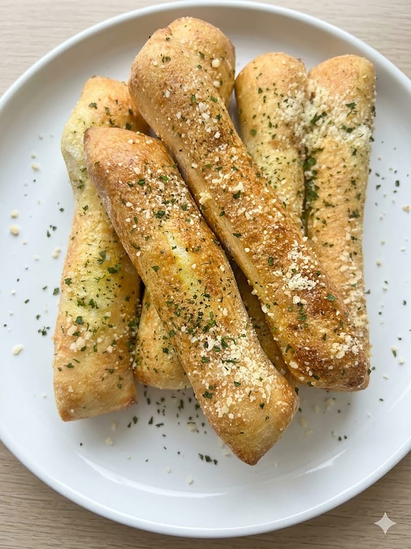 Golden-brown breadsticks, sprinkled with Parmesan cheese and green herbs, arranged on a white plate.