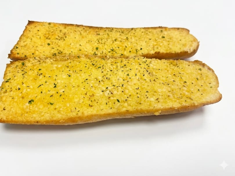Two golden-brown slices of garlic bread, topped with herbs, on a white surface.