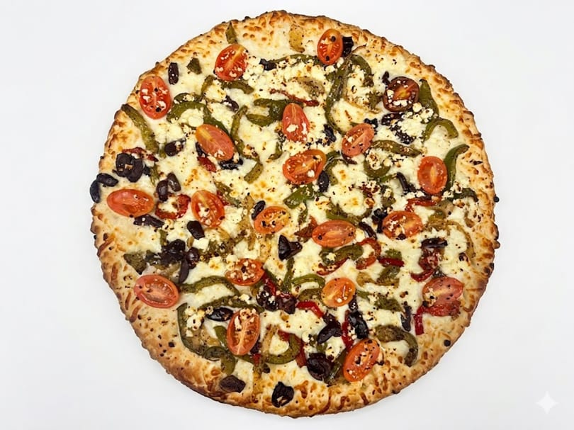 A whole pizza topped with green peppers, cherry tomatoes, black olives, and feta cheese.