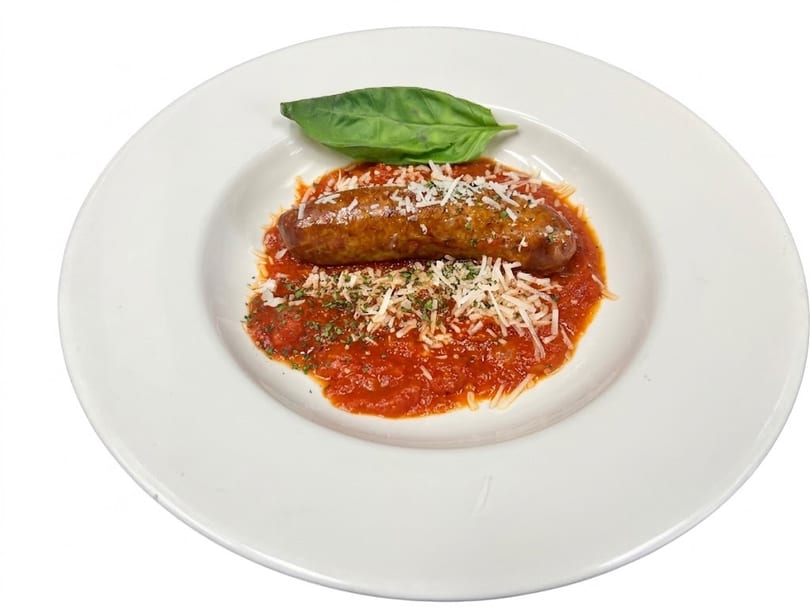 Italian sausage in marinara sauce, topped with grated cheese and a basil leaf.