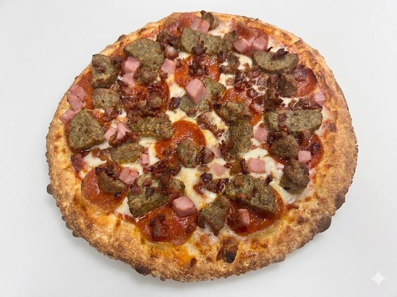 A whole meat lover's pizza, topped with pepperoni, sausage, ham, and bacon.