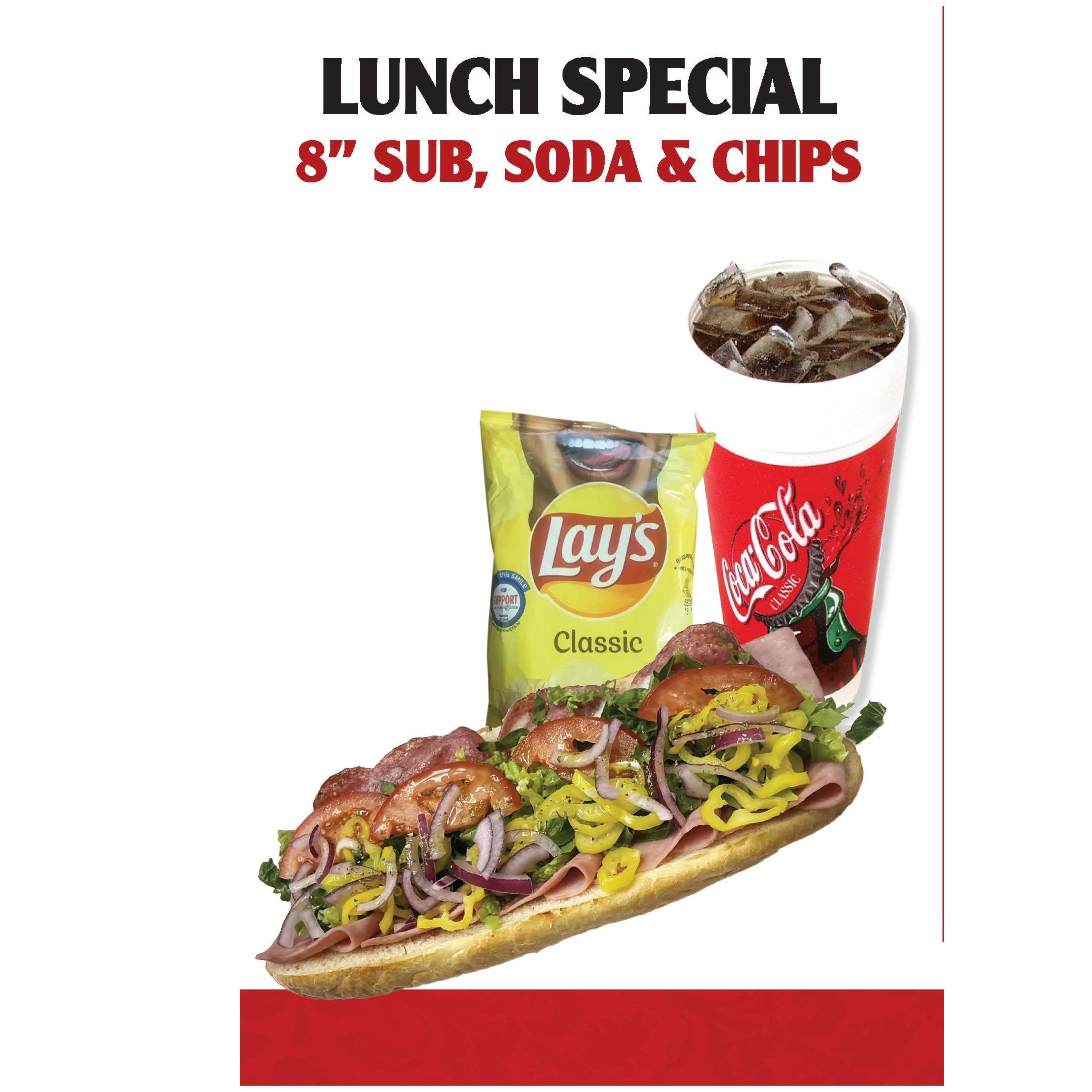 Lunch Special - 8" Sub, Soda & Chips.