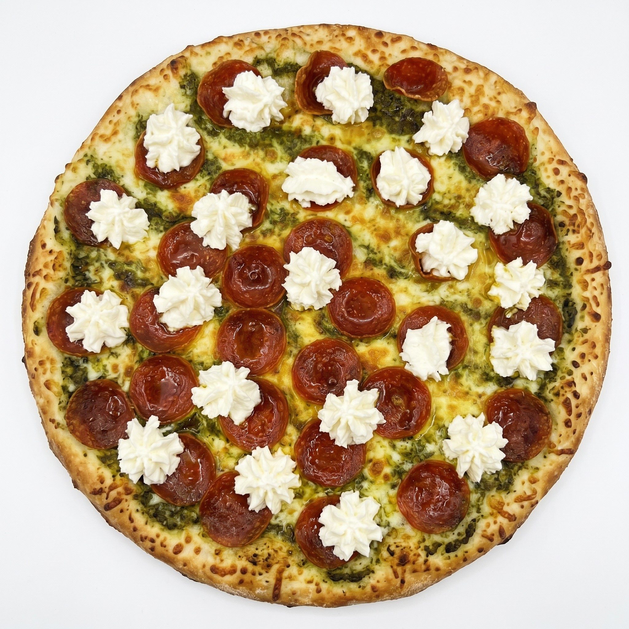 Hot Honey Pesto-Roni Pizza.